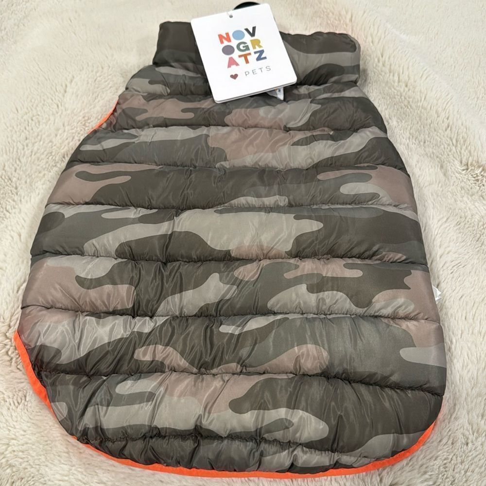 Novogratz Pets Camouflage Reversible Orange Puffer Dog Coat